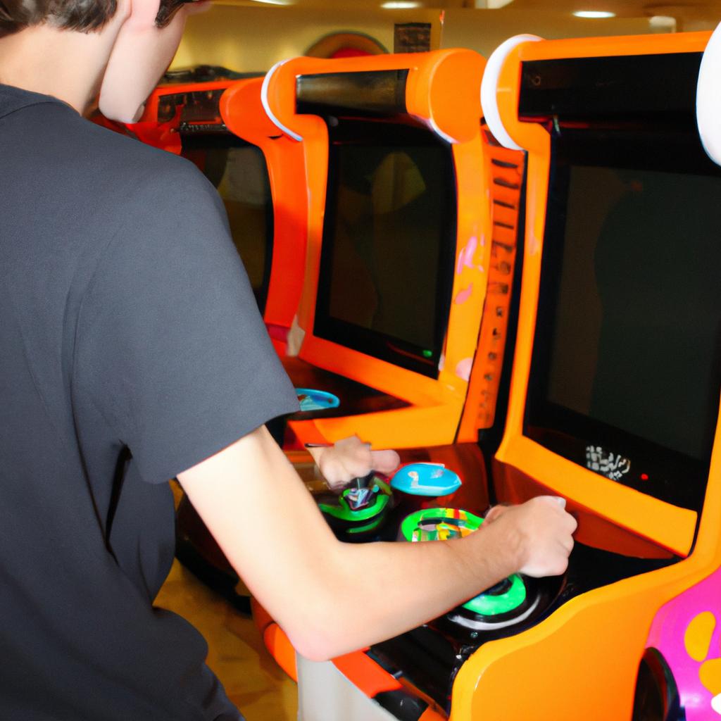 Person playing arcade games happily
