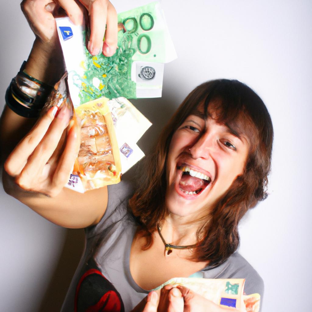 Person holding different currencies, smiling