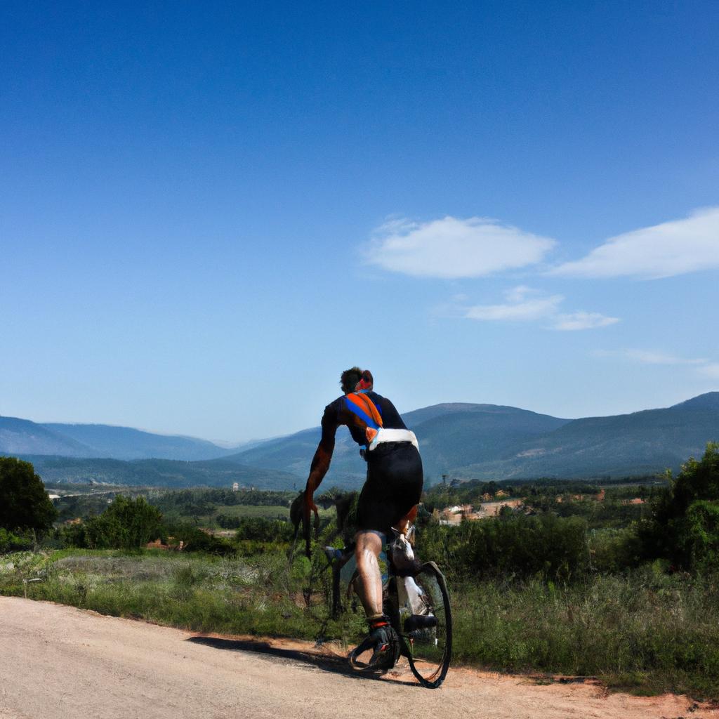 Person cycling in scenic landscape