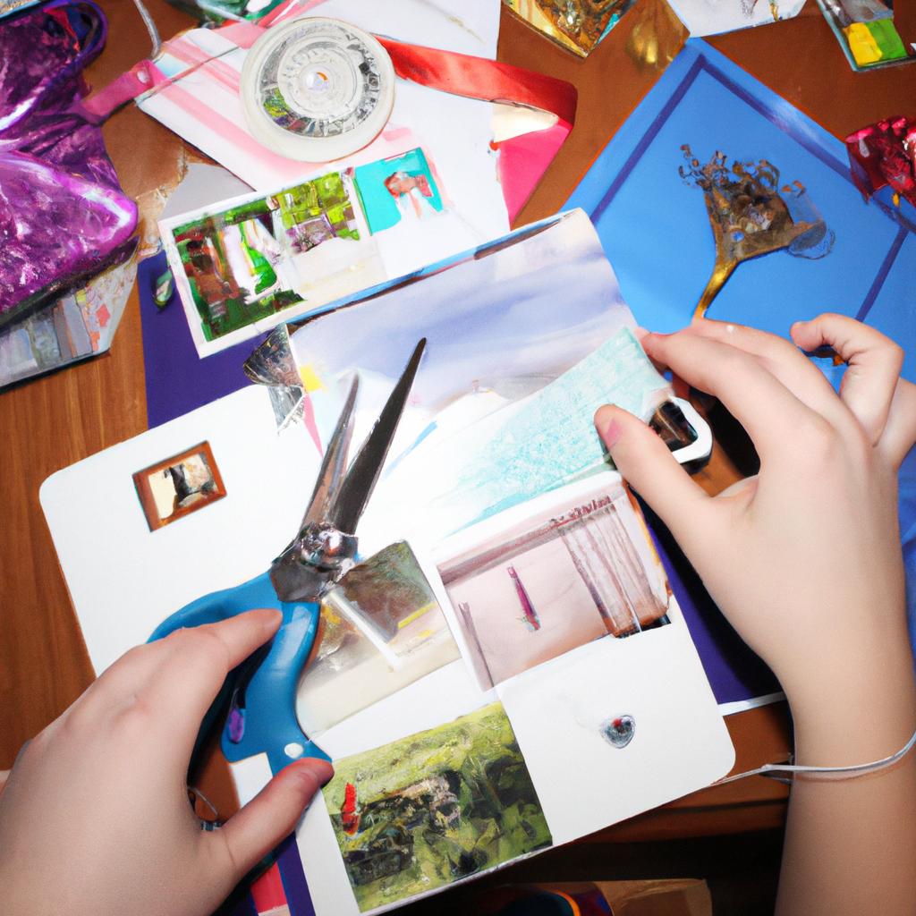Person scrapbooking with photos, scissors