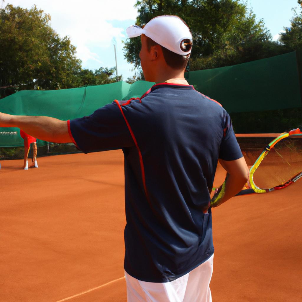 Person playing tennis, providing instruction